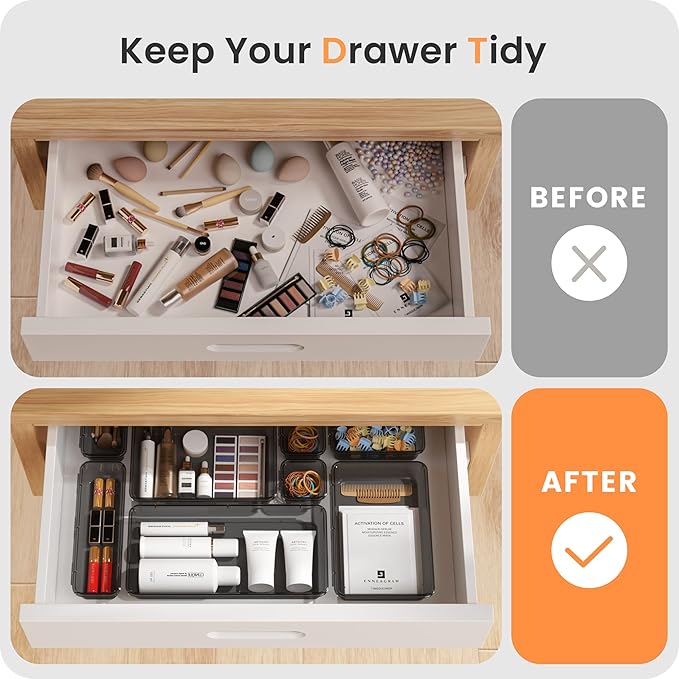 A-LuGei 【Military Grade】 Drawer Organizer, 【𝟱𝗦𝗶𝘇𝗲】 Clear Makeup organizer, 【Holds 177 Items】 Bathroom Organizers and Storage, Plastic Desk Organizer Divider, Organizer Bins for Office Vanity