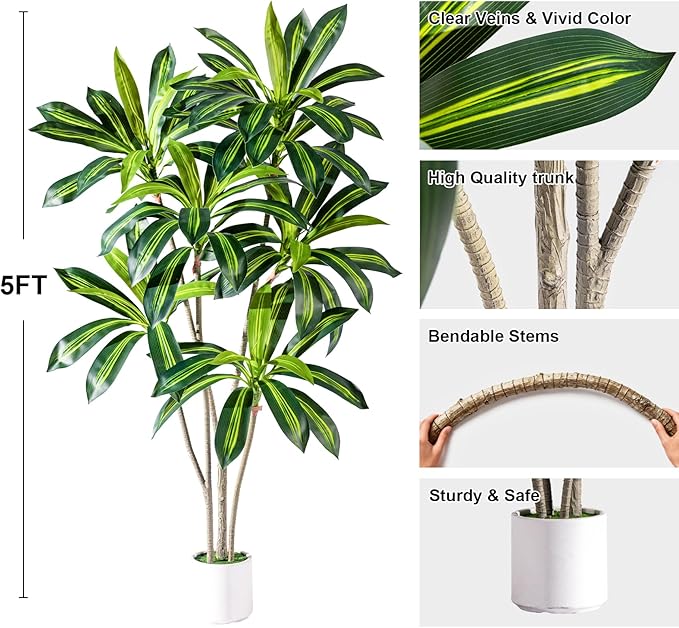 Artificial Dracaena Plant 5FT - Realistic Fake Dracaena Tree Tall Large Faux Silk Plants Fake Floor Potted Artificial Plants for Home Decor, Office Plants