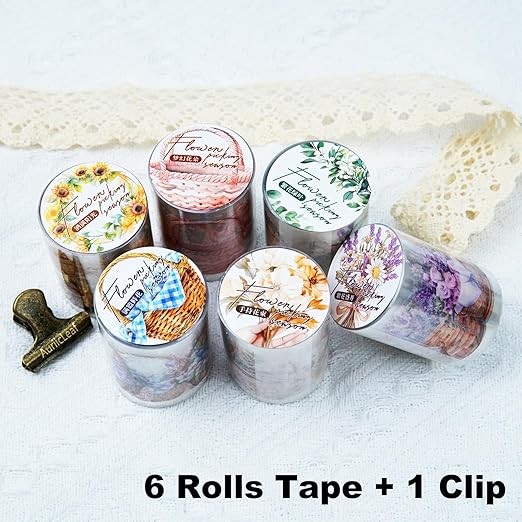 Flower Basket PET Tape Set, 6 Rolls Pre-Cut Vintage Floral Scrapbook Supplies for Journaling, DIY Crafts, and Planners,with Clip