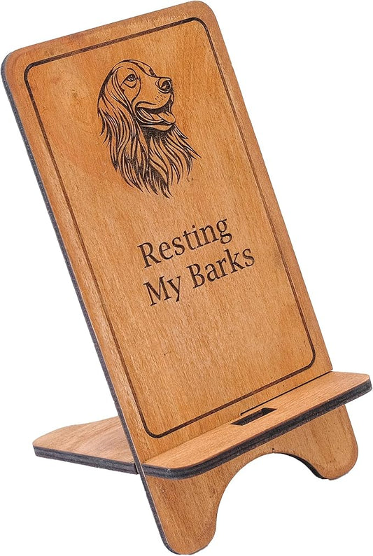 Design Your Own Phone Stand Personalized Wooden Holder Custom Pet Name Engraved Handmade Desk and Home Accessory Gift (Resting My Barks Golden)