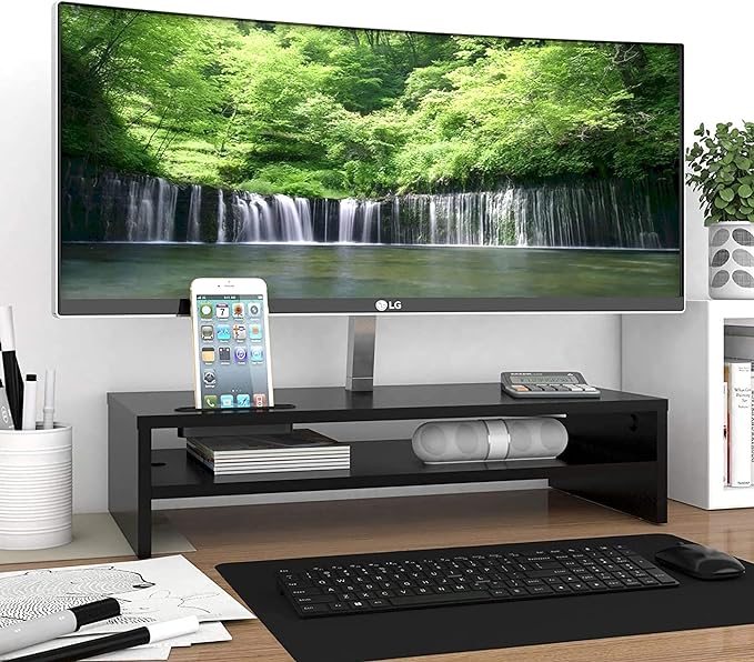 BONTEC Wood Monitor Stand Riser, 2-Tier Desktop Organizer with Storage, Ergonomic Computer Stand for Desk, Cable Management, Cellphone Holder, 21.3 Inch Shelf, Black