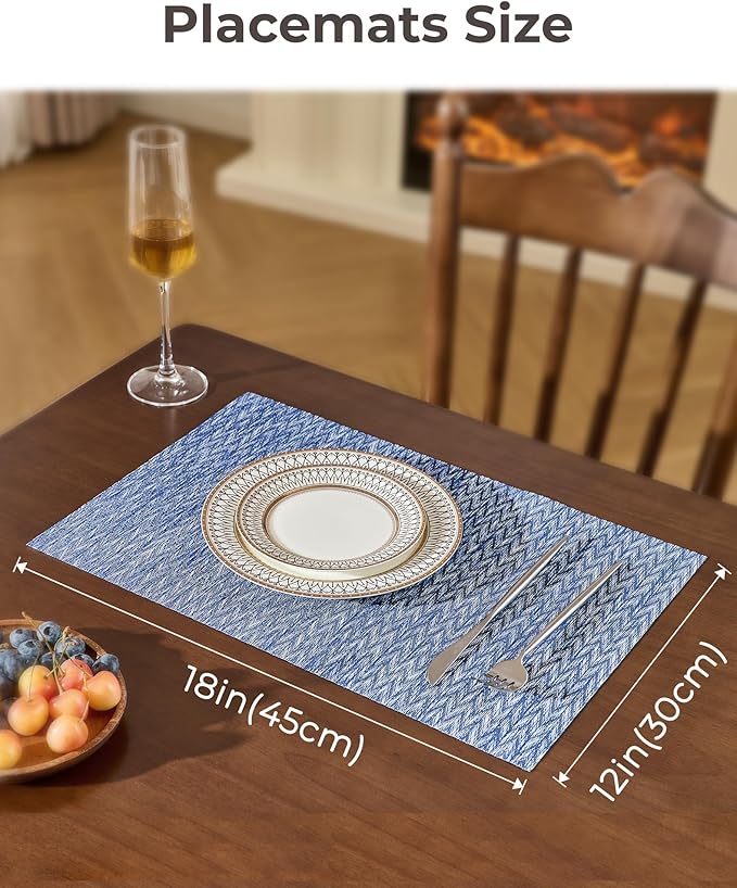 Leetaltree Blue Placemats Set of 8 - Heat Resistant Non-Slip Place mats for Dining Table, Washable Durable PVC Vinyl Woven Table Mats（Blue Zigzag, 8）