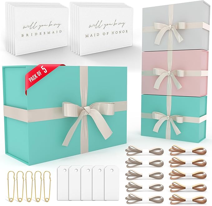Gift Box Set - Bridesmaids Gifts for Wedding (5 Pack - Teal), All Occasions, Bridesmaid Proposal, Magnetic Boxes With Lids, Big Set For Bridal, 13.5 x 9 x 4.5 inches, Teal GiftBox