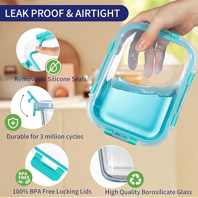 MFY 5-Pack 36 OZ Glass Storage Containers with Lids, Glass Meal Prep Containers 2 Compartment Set, Airtight Lunch Containers with Lids, Microwave, Oven, Freezer and Dishwasher Safe, Green