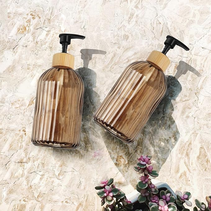 Amber Glass Soap Dispenser with Pump, 2 Pack 13.5oz Vertical Stripe Design Hand Soap Dispenser for Hand Wash, Dish Wash, Elegant Dispenser for Bathroom and Kitchen