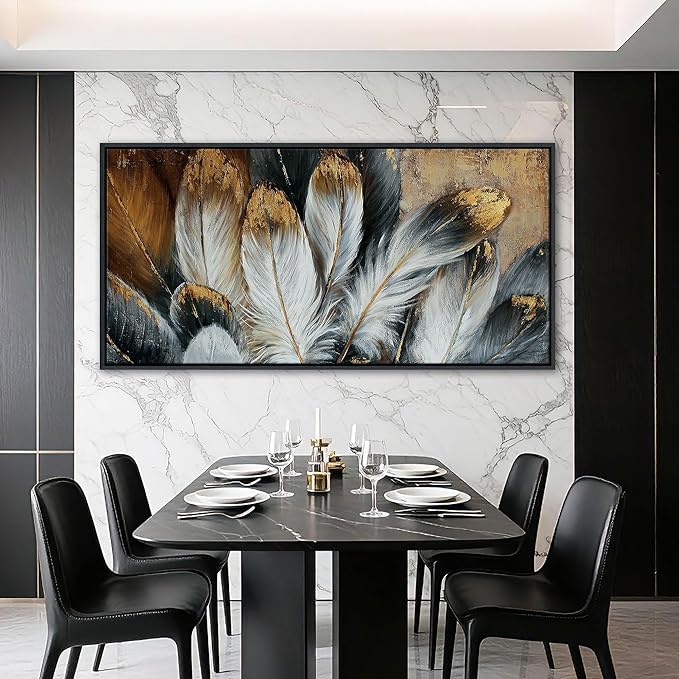 Mofutinpo Framed Wall Art Modern Living Room Bedroom Wall Decoration Large Canvas Painting Artwork for Home Decor Gold Brown Feather Picture Ready to Hang 30x60 Size Black Framed
