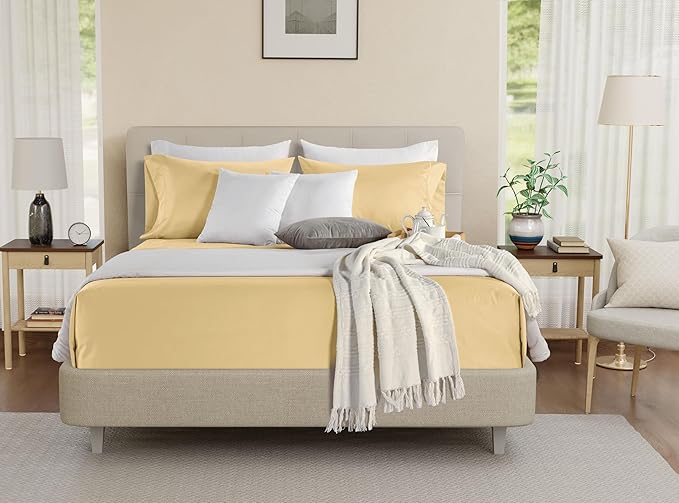 Egyptian Cotton Sheets Queen Size Bed Set, 800 TC Deep Pocket Sheets Queen, All Season Soft Breathable Sateen Weave 4-Piece Sheet & Pillowcase Sets, Fits upto 17",Machine Wash & No Pill - Semolina