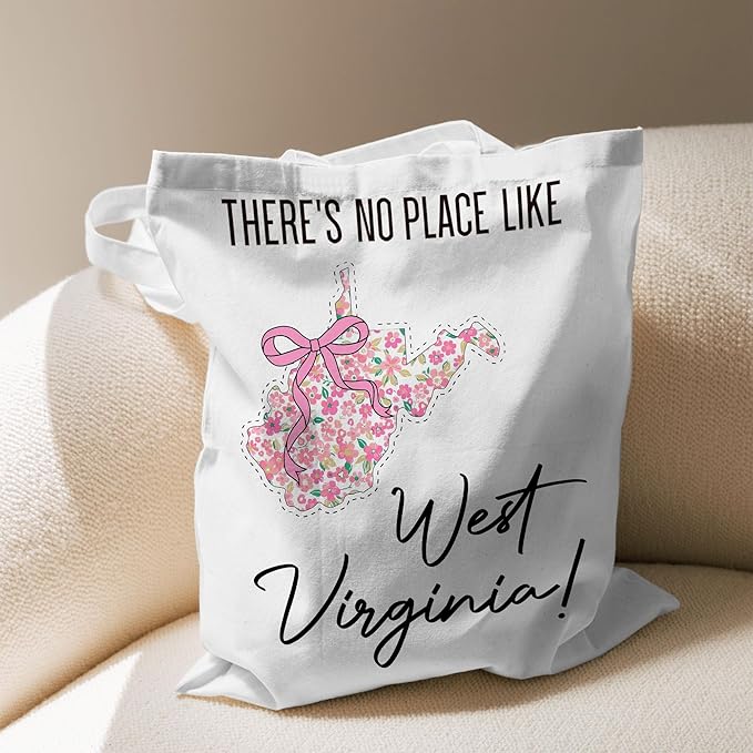 Floral West Virginia Map Bow Canvas Tote Bag for Books, Travel & Daily Use, Magnetic Buckle, 16x14 Inch(003)