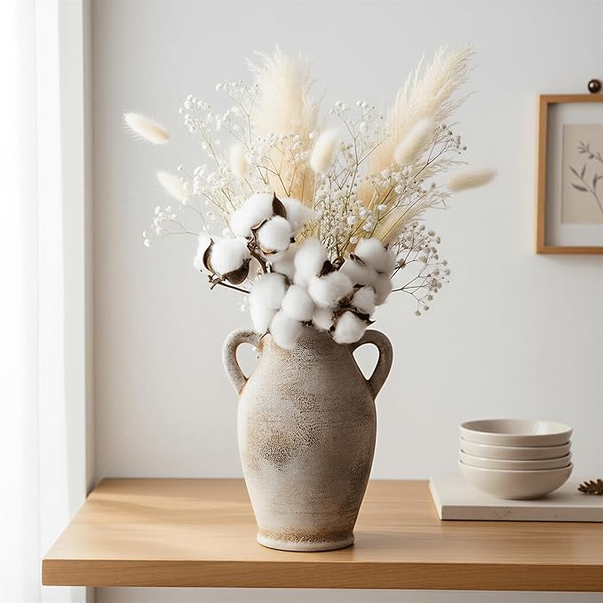 8.1-Inch Terracotta Ceramic Flower Vase with Handles, Rustic Farmhouse Boho Pottery Centerpiece for Table, Living Room & Shelf