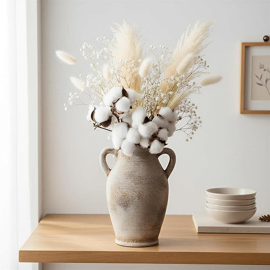 8.1-Inch Terracotta Ceramic Flower Vase with Handles, Rustic Farmhouse Boho Pottery Centerpiece for Table, Living Room & Shelf