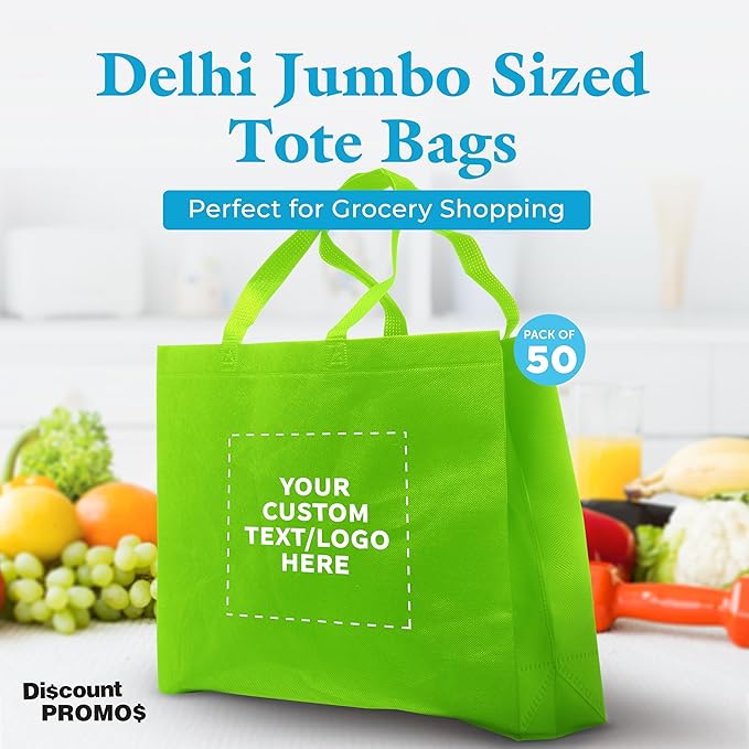DISCOUNT PROMOS Custom Jumbo Sized Tote Bags Set of 50, Personalized Bulk Pack - Reusable Grocery Bags, Shopping Bags, Promotional Item Totes for Women - Lime Green
