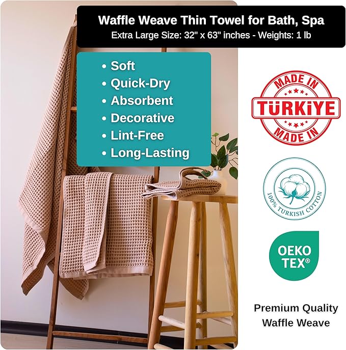 PÜSKÜL Premium Waffle Bath Towels Set of 2 - Organic 100% Turkish Cotton Bath Towel - Quick Dry, Absorbent, Light, Thin, 32x63 Large Waffle Towels for Bathroom (Beige Bath Towels - Pack of 2)