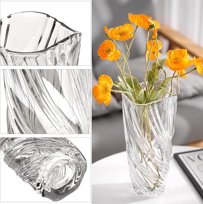 Glass Vase,Elegant Spiral Decorative Centerpiece for Home, Office,Wedding, Stylish Blown Glass Flower Vase, Clear