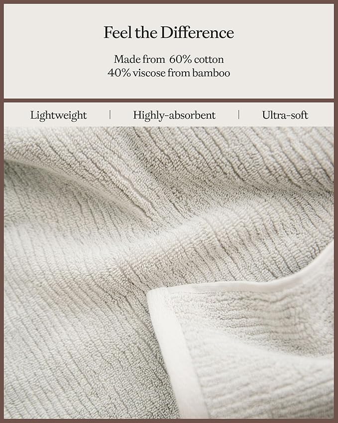Cozy Earth Ribbed Bath Towel Set - 60% Cotton 40% Viscose from Bamboo Bathroom Towels - Soft & Absorbent Textured Ribbed Pattern - 2 Pack Light Grey
