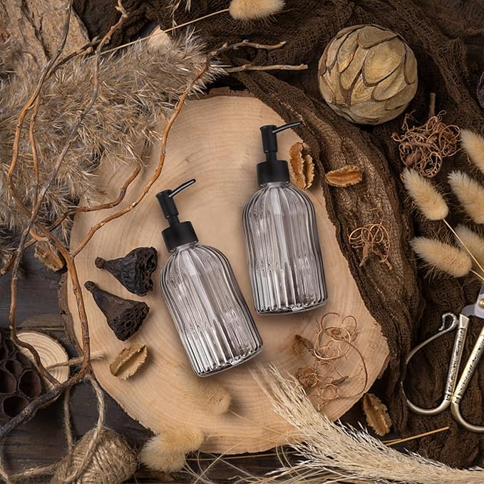 2 Pack 11oz Glass Soap Dispenser with Plastic Pump, Vertical Stripe Design Refillable Hand Soap Dispenser for Hand Wash, Bathroom and Kitchen