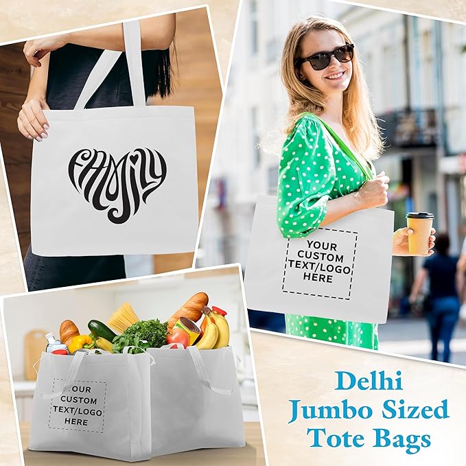 DISCOUNT PROMOS Custom Jumbo Sized Tote Bags Set of 10, Personalized Bulk Pack - Reusable Grocery Bags, Shopping Bags, Promotional Item Totes for Women - White