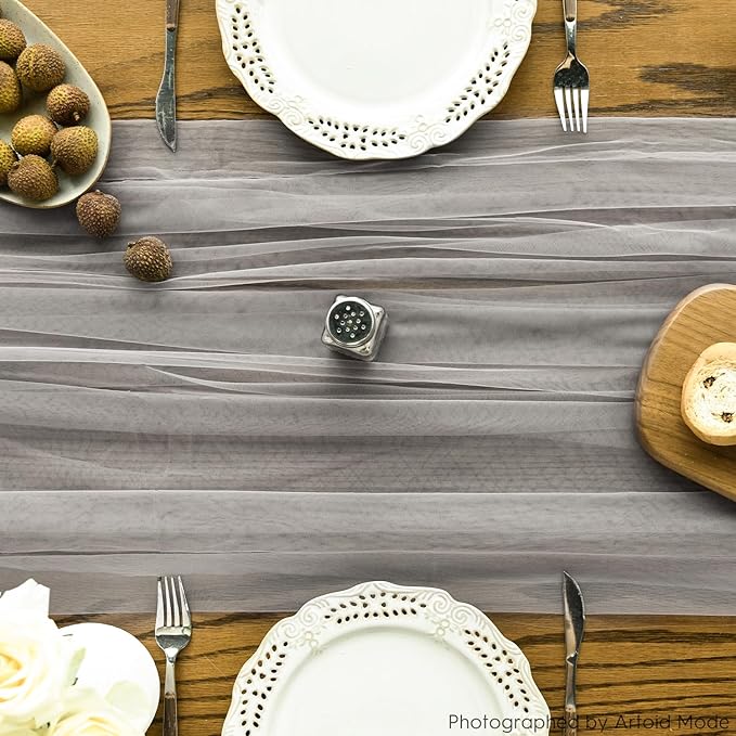 Artoid Mode 6PCS Grey Gauze Table Runner 120 Inch 10FT, Seasonal Sheer Kitchen Dining Holiday Wedding Birthday Baby Shower Table Decor for Home Party