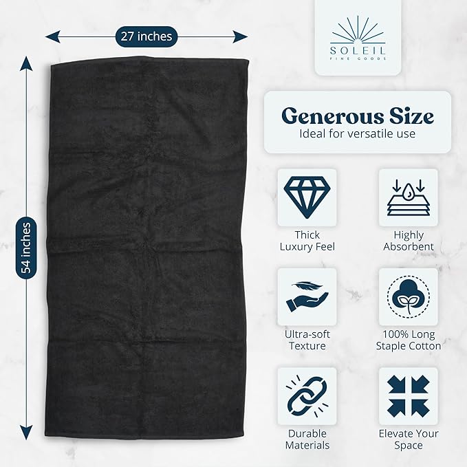 Soleil Fine Goods Luxurious 800 GSM 100% Cotton Bath Towel Set (4-Pack, 27x54) - Heavyweight & Ultra Absorbent, Plush Softness for Bathroom | Hotel & Spa Quality Luxury Towels- Charcoal