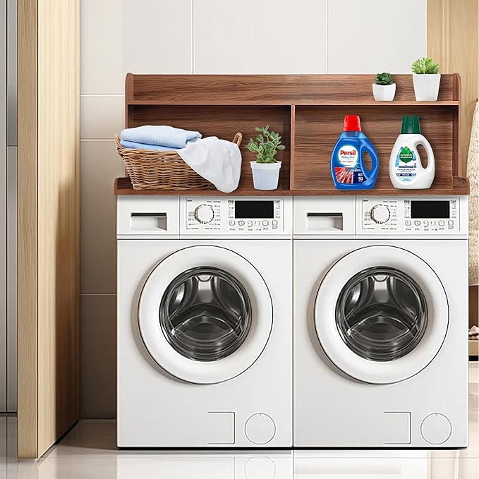 Royxen 2-Tier Washer Dryer Countertop,19.5" H Wood Washer and Dryer Topper with Shelf,Laundry Countertop Over Washer and Dryer, Universal Fit for Laundry Room Organization (Walunt, 54" WX27.5 D)