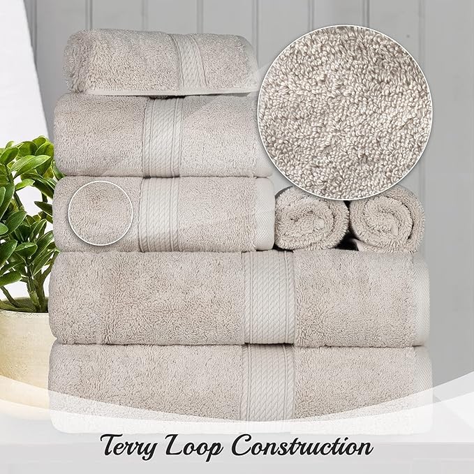 BLUENILEMILLS Madison Egyptian Cotton Towels, Towel Set for Bathroom, Shower, Hotel, Plush, 900 GSM, Highly Absorbent and Ultra-Soft Towels, Bath Essentials, 8 Piece Assorted Towel Set, Stone