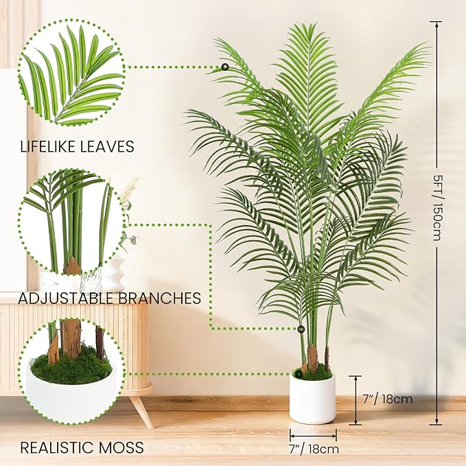5FT Artificial Palm Tree, Tall Fake Tropical Areca Plant with White Round Planter for Indoor Outdoor Home Decor, Realistic Faux Palm Tree for Living Room, Office, Porch, Garden