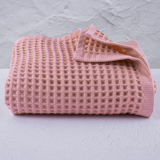 PÜSKÜL Premium Waffle Bath Towels Set of 2 - Organic 100% Turkish Cotton Bath Towel - Quick Dry, Absorbent, Light, Thin, 32x63 Large Waffle Towels for Bathroom (Pink Powder Bath Towels - Pack of 2)