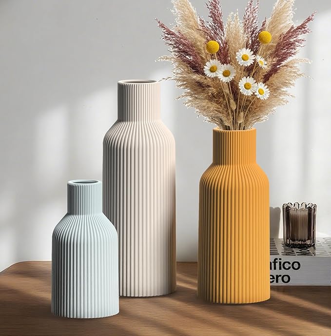 Colorful Ceramic Vases Set of 3, Colorful Ribbed Decorative Vases - Table Centerpieces for Wedding, Living Room, Office & Shelf Decor