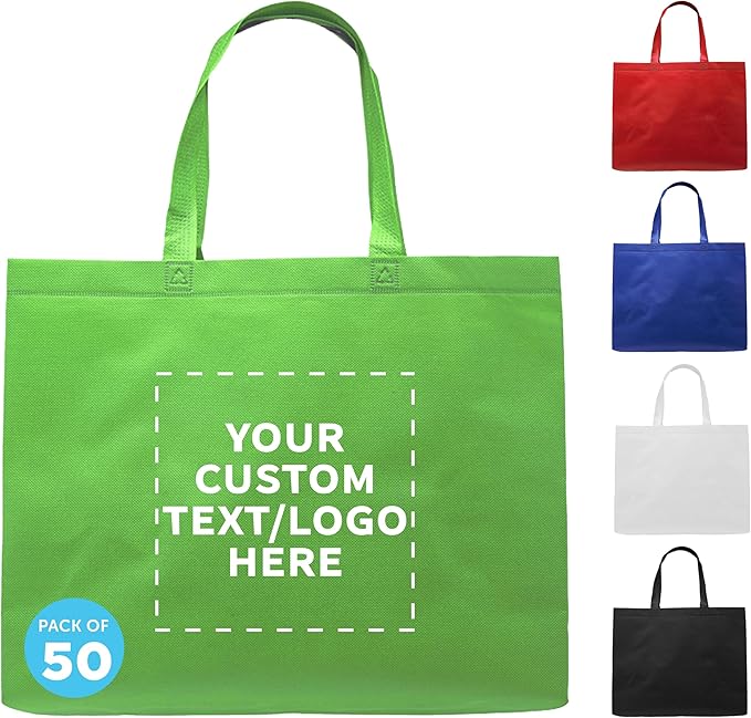 DISCOUNT PROMOS Custom Jumbo Sized Tote Bags Set of 50, Personalized Bulk Pack - Reusable Grocery Bags, Shopping Bags, Promotional Item Totes for Women - Lime Green