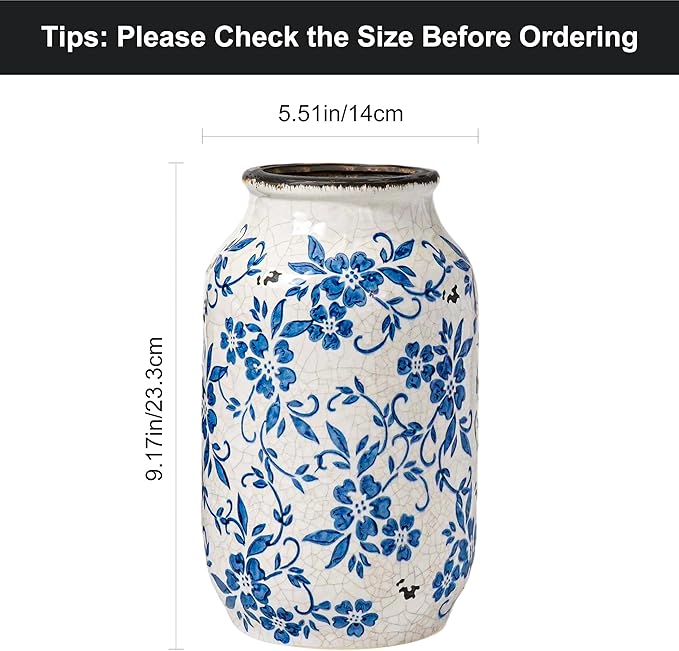 Blue and White Ceramic Vase for Flowers,9 inch Rustic Vintage Chinoiserie Vases Home Decor, Farmhouse Decor, Shelf, Living Room, Bedroom, Table Decoration