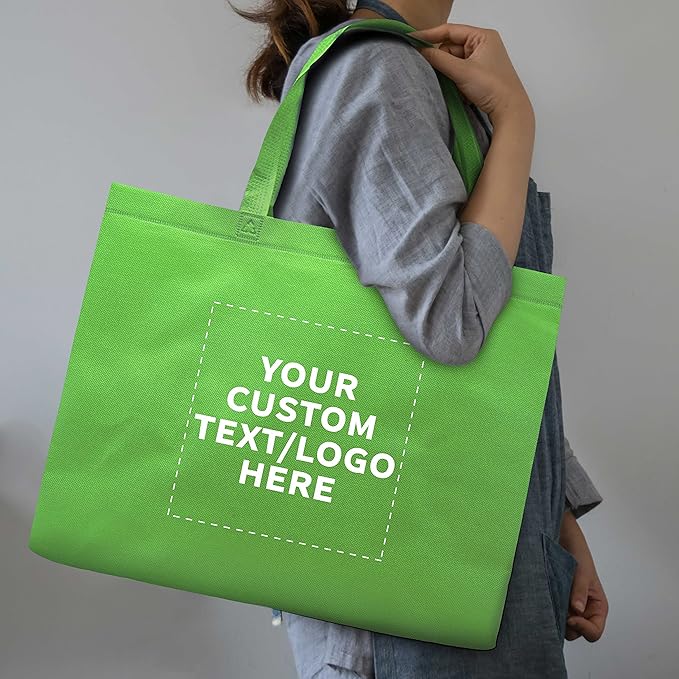 DISCOUNT PROMOS Custom Jumbo Sized Tote Bags Set of 50, Personalized Bulk Pack - Reusable Grocery Bags, Shopping Bags, Promotional Item Totes for Women - Lime Green