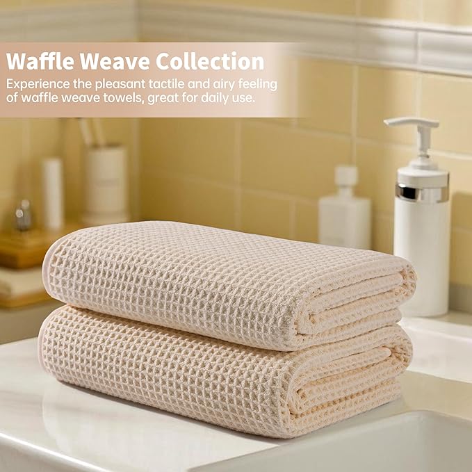 New Microfiber Waffle Bath Towels, 2 Pieces, Oversized, Soft, Absorbent, Fast Drying, Lint Free (Champagne)