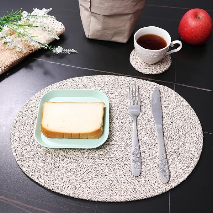 4 Pack Oval Woven Placemats, Mix Brown Cotton Plate Chargers with 4 Pack Round Coasters, Thick Heat Insulation Mats Household Table Mats Braided Bowl Mats Fabric Rustic Placemats for Dining