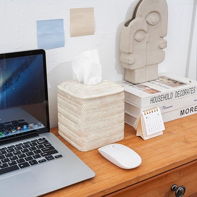 Tissue Box Cover Square Resin Tissue Holder for Home Decor,Hand Carved Wicker Tissue Box Holder,5.3 x 5.3 x 5.9 inches, Farmhouse White