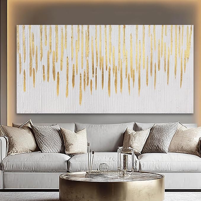 White And Gold Wall Art Abstract Pictures Hand Drawn Paintings Framed Canvas Arts 29"x58" for Living Room Office