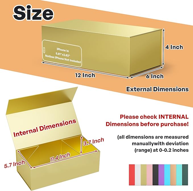 5 Pack Gold Gift Box, 12x6x4'' Gift box for Presents with Lids Magnetic Closure Rectangle Collapsible for Bridesmaid Proposal Box, Wedding, Christmas, Halloween, Birthday Gift Packging