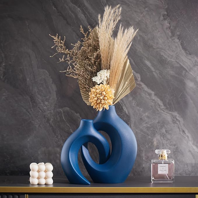 Snuggle Hollow Ceramic Vase Set of 2, 8.4 Inch Hug Donut Modern Nordic Boho Style Vases for Home Decor Anthropologie Aesthetic Living Room Shelf Coffee Table Decorative (Navy Blue)