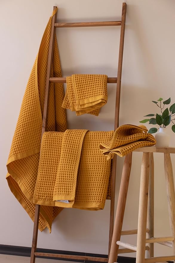 PÜSKÜL - Premium Waffle Towel Set 4 Pieces Mustard - Organic 100% Turkish Cotton Quick-Dry Towels for Bathroom Made in Turkiye (Mustrad Yellow, Towel Set - 2 Hand & 2 Bath Towels)