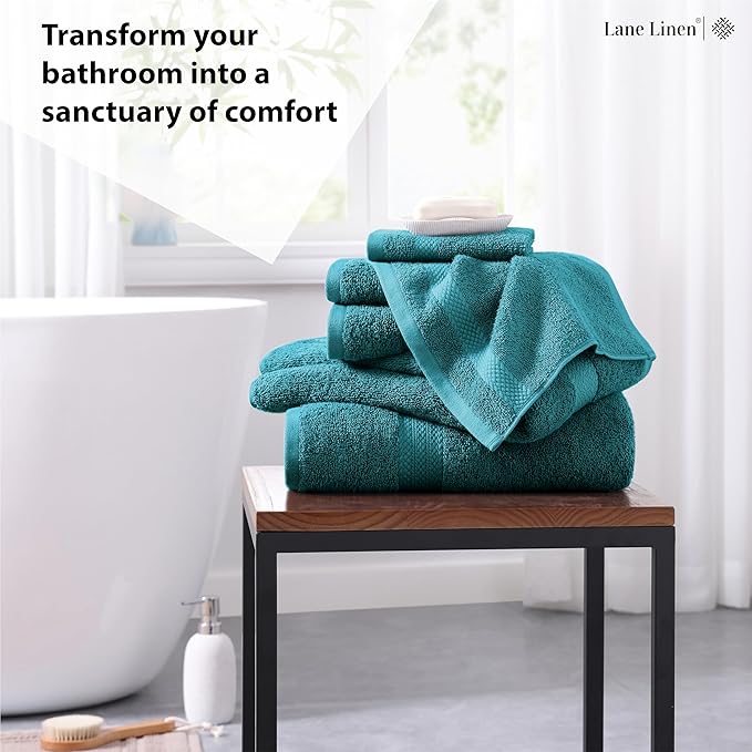 LANE LINEN 100% Cotton 6 Piece Bath Towel Set - Ring Spun, Quick Dry, Super Soft & Highly Absorbent - 2 Bath, 2 Washcloths, 2 Bathroom Hand Towels - Hotel Quality Luxury Bathroom Towel Set - Sea Port