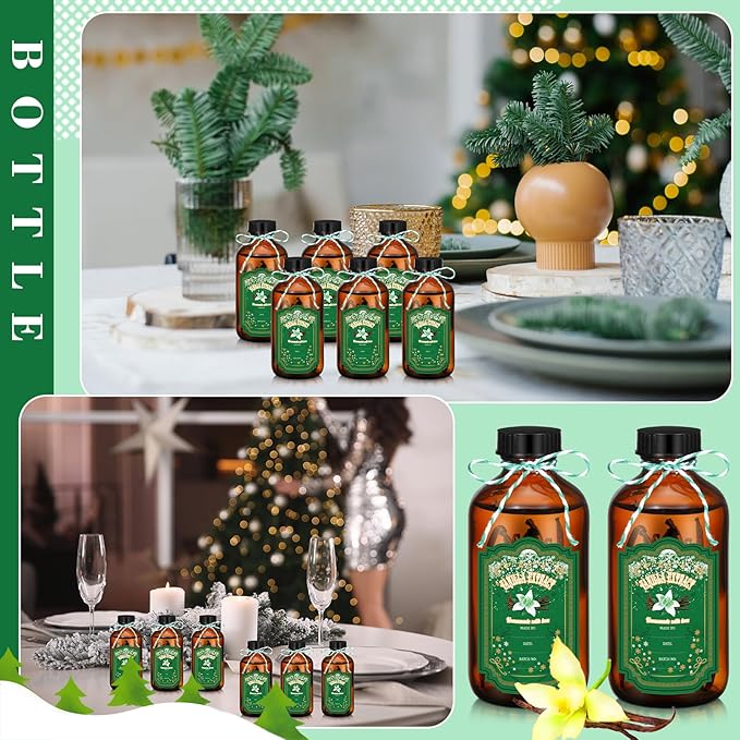 Uiifan 12 Pack Amber Glass Bottles Boston Round Sample Bottles Glass jars with Lids Dark Vanilla Extract and 12 Pcs Christmas Green Snowflakes Stickers for Gift Beans(2 oz)