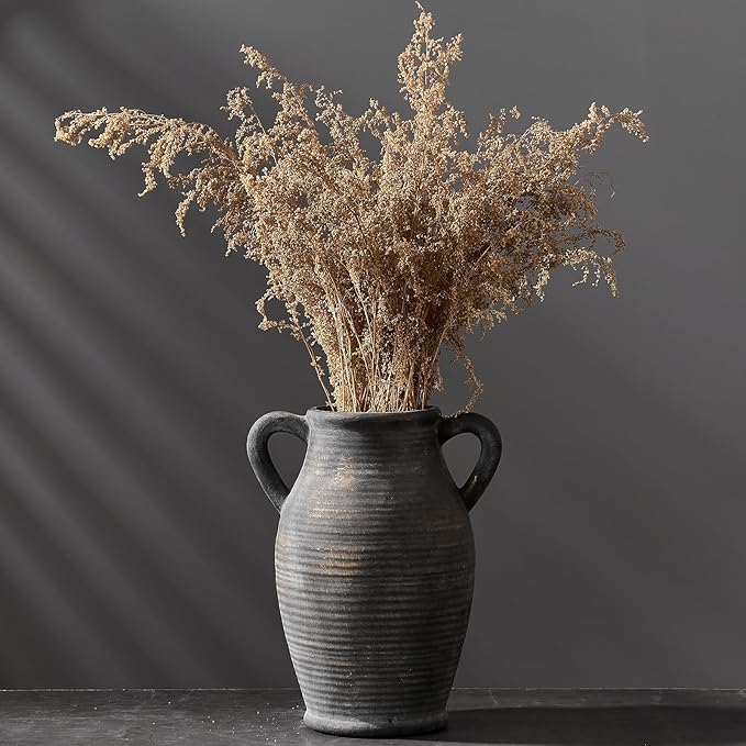 Large Ceramic Rustic Vase with 2 Handles, 9.8 inch Farmhouse Flower Vase, Minimalist for Home Decor, Living Room, Shelf Decor, Pampas Grass, Enterway, Table Decoration, Gift, Bronze
