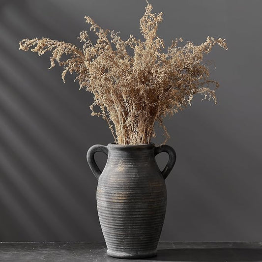 Large Ceramic Rustic Vase with 2 Handles, 9.8 inch Farmhouse Flower Vase, Minimalist for Home Decor, Living Room, Shelf Decor, Pampas Grass, Enterway, Table Decoration, Gift, Bronze