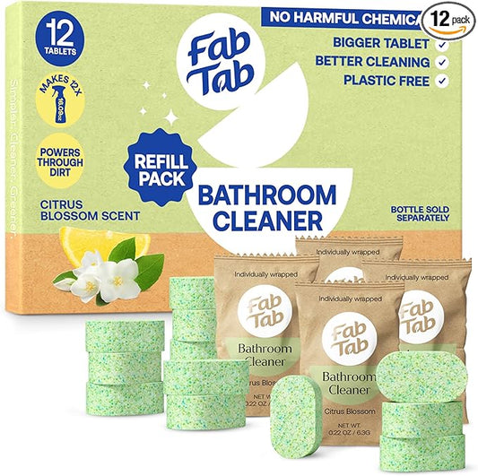 Fab Tab Bathroom Cleaner, Eco-Conscious Cleaning Tablets for Sparkling Bathrooms, Powerful Grime Remover, Citrus Scent, No Harmful Chemicals, Economical Refills - 12 Tablets (bottle not included)