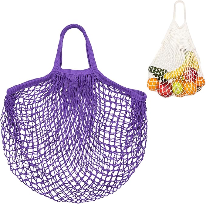 1-Pack Cotton Mesh Bag, Reusable Washable Mesh Net String Grocery Bags, Reusable Produce Bags with Handle, Net Tote Bag for Fruits/Vegetables Shopping [Purple, Short Handle]