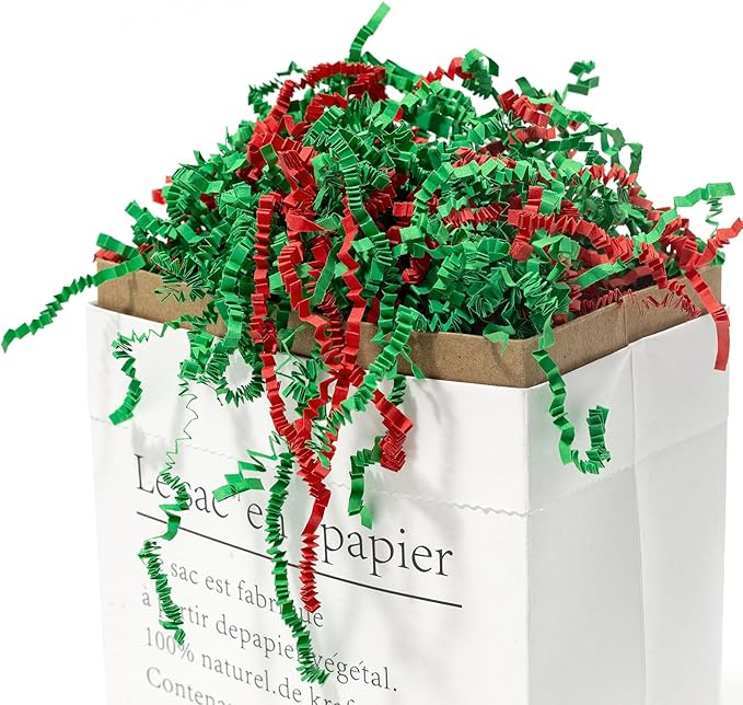 Mefleet 2 LB Crinkle Cut Paper Shred Filler Green & Red Crinkle Shredded Paper for Gift Box - Gift Basket Bag Filler - Grass Cushion Stuffing for Christmas Holiday Packaging Wrapping