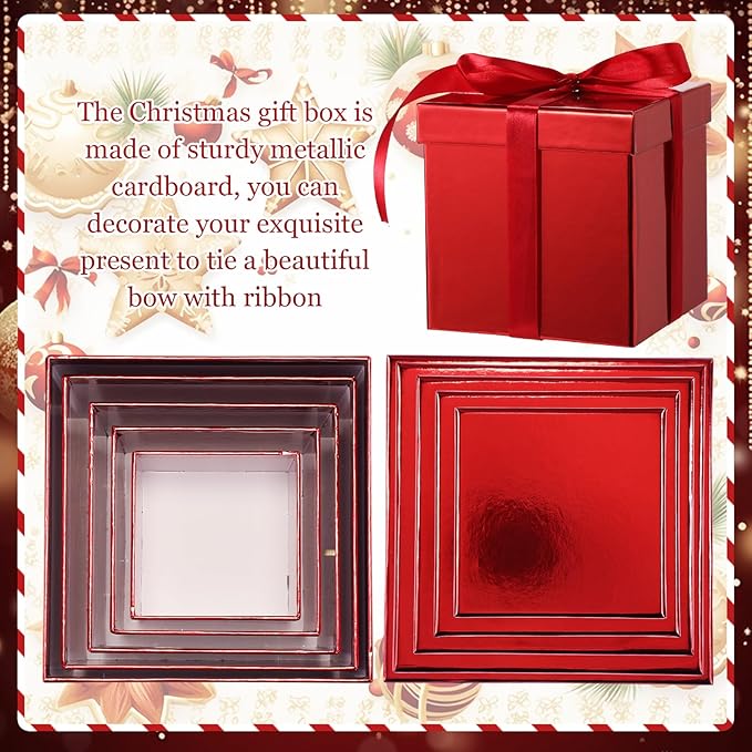 Cholemy 5 Pcs Square Nesting Boxes Decorative Gift Boxes with Lid and Ribbon Assorted Sizes Wrap for Wedding, Halloween, Thanksgiving, Christmas, Anniversary, Birthday, Bridal Party(Shiny Red)