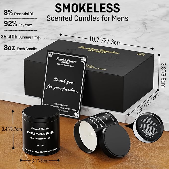 Scented Candles Gift Set for Men | 6 Pack Soy Wax Candles with Matte Black Tins | Men‘s Aromatherapy Candles for Home, Work,Party | Men Jar Candle Set Gifts for Father's Day and Christmas