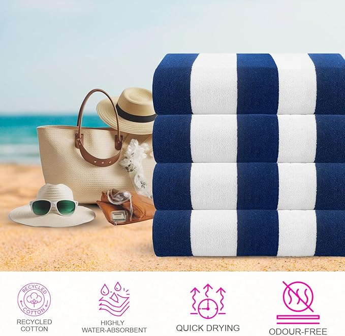 CASA COPENHAGEN Cabana Towel Designed in Denmark Rough and Tough, Quick Dry, Beach, Pool, Bath & Shower 30x60 inches 4 Pieces Cotton Beach Bath Towels Set - Royal Blue
