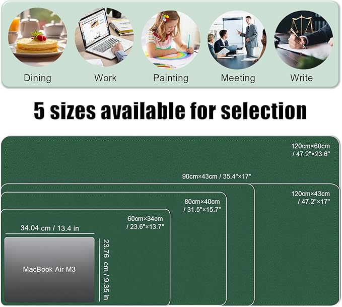 Large Desk Pad 35.4" x 17", Non-Slip Desk Mat with PU Leather & Natural Cork, Waterproof Writing Desk Natural Cork, Computer Mat Desk Protector for Office Home, Dark Green