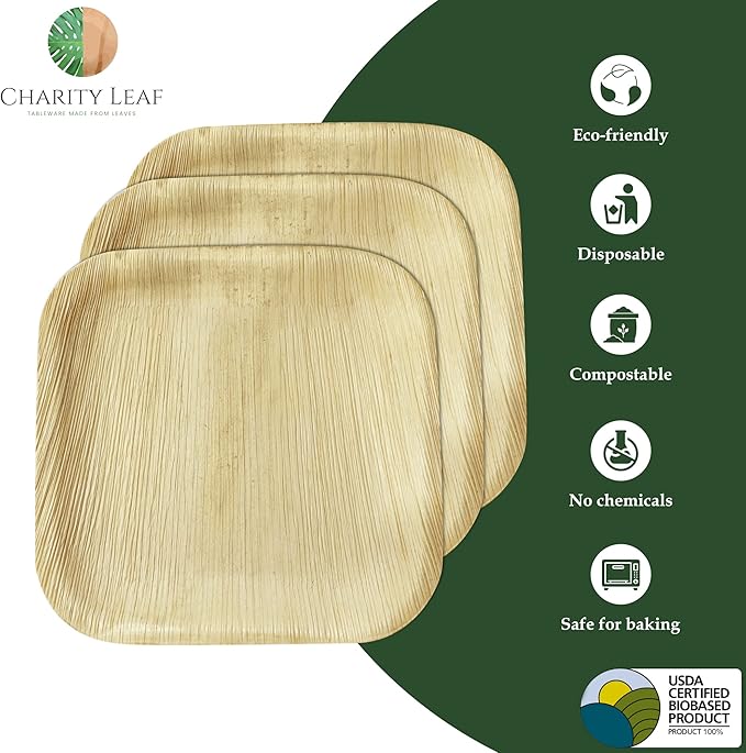 Charity Leaf Disposable Palm Leaf 7" Square Plates (200 pieces) Bamboo Like Serving Platters, Disposable Boards, Eco-Friendly Dinnerware For Weddings, Catering, Events