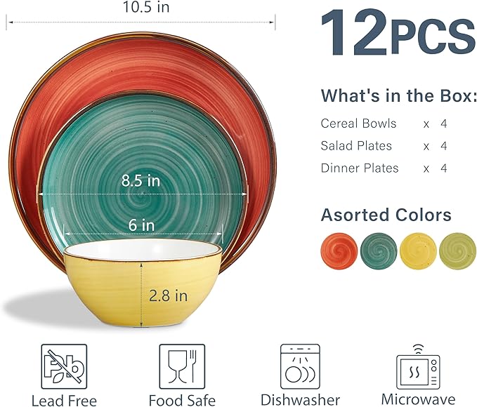 ONEMORE Plates and Bowls Set 12 Pcs,Stoneware Dinnerware Sets for 4 Microwavable,Oven & Dishwasher Safe Porcelain,Scratch Resistant Dishes Set